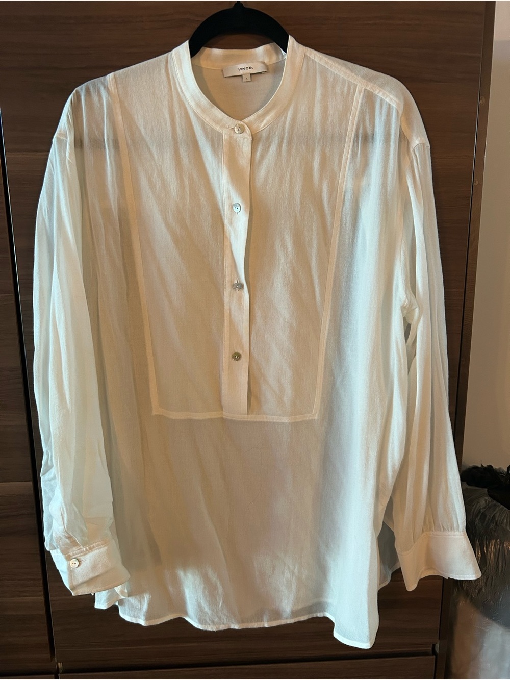 Vince Cream Mandarin-Collar Button-Front women’s shirt,  relaxed fit.